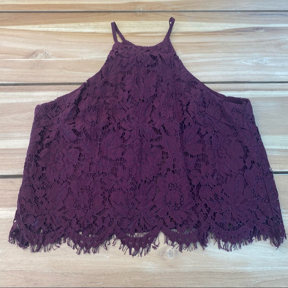 Burgundy (reddish purple) lace crop top with open back